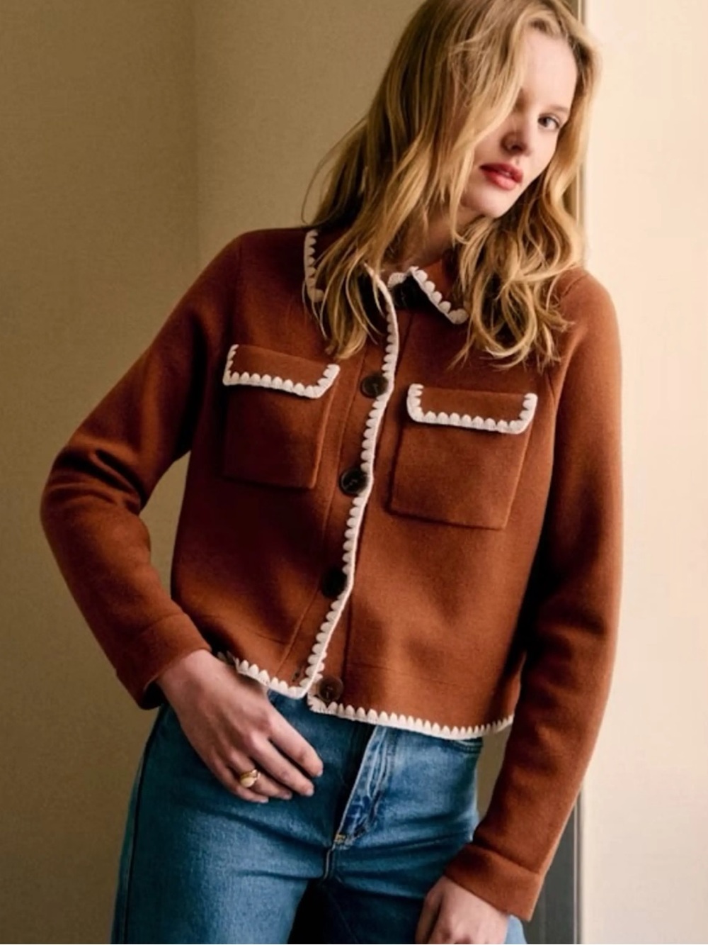 Sezane Betty Cardigan Embroidered Mahogany Brown Cream SZ XL - Picture 1 of 6